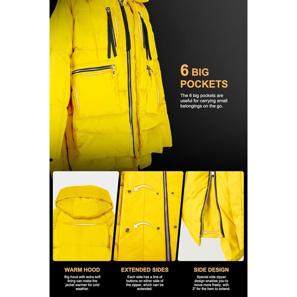 🆕 Women Yellow Thickened Down Jacket Fluffy Soft Rib-knit Cuffs Warm-Down Coat - Picture 5 of 6